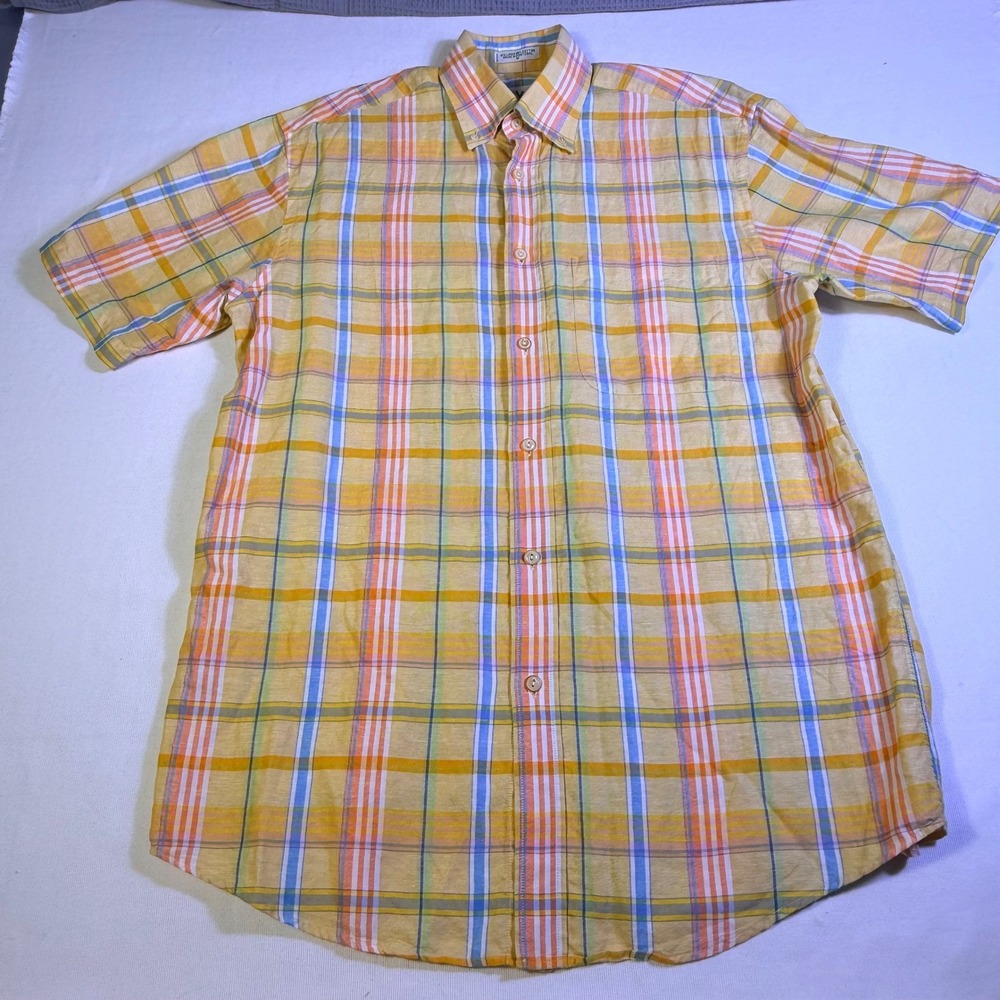 Orvis Linen‎ Cotton Plaid Shirt Medium Yellow Blue Short Sleeve Button Down